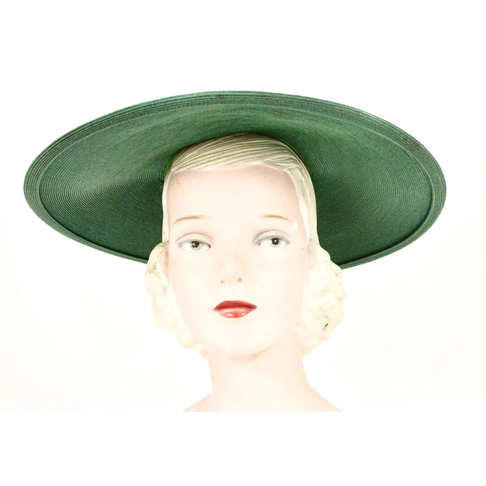 Vintage Green Straw Saucer Hat Wide Brim 1930s Church Womens