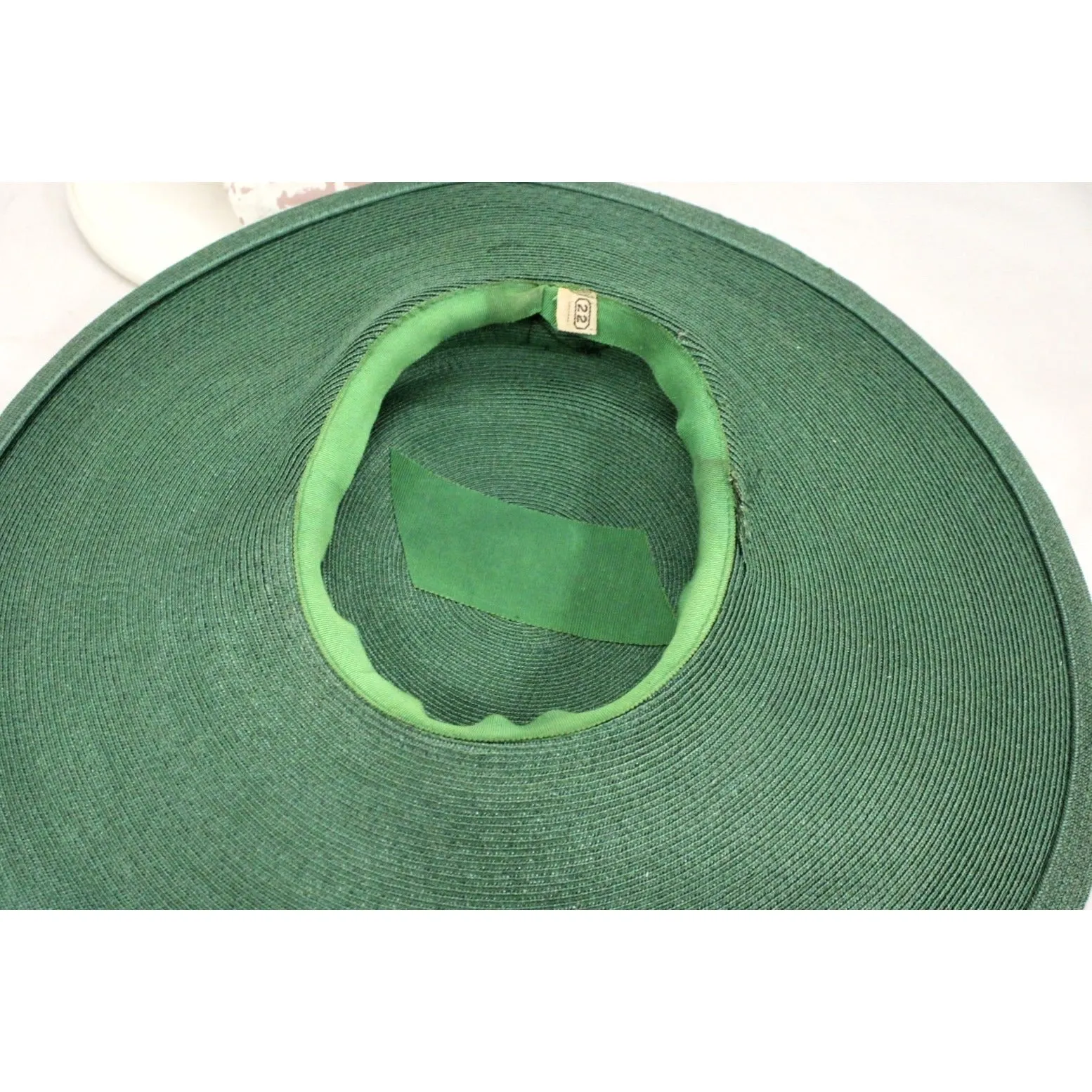 Vintage Green Straw Saucer Hat Wide Brim 1930s Church Womens