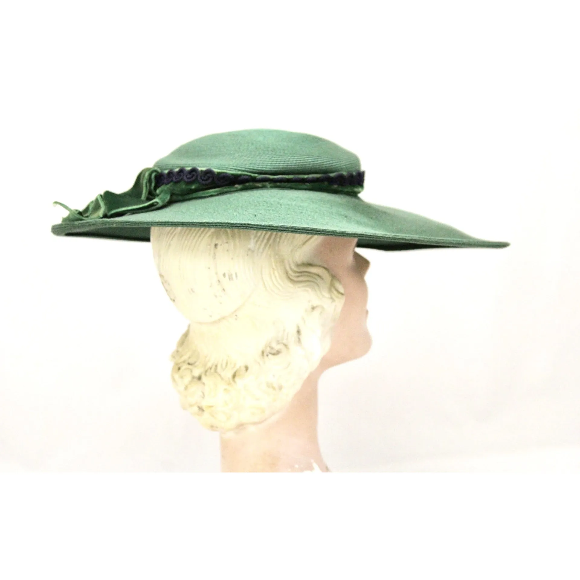Vintage Green Straw Saucer Hat Wide Brim 1930s Church Womens