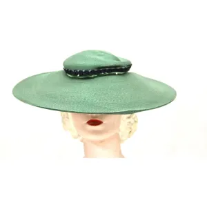 Vintage Green Straw Saucer Hat Wide Brim 1930s Church Womens