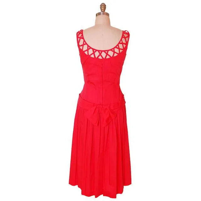 Vintage Red Cotton Dropped Waist Dress 1950s Nice Details 36-30-37