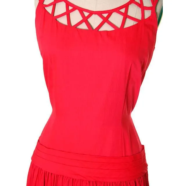 Vintage Red Cotton Dropped Waist Dress 1950s Nice Details 36-30-37