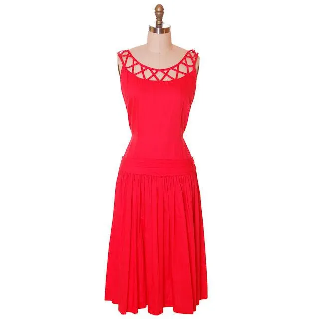 Vintage Red Cotton Dropped Waist Dress 1950s Nice Details 36-30-37