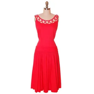 Vintage Red Cotton Dropped Waist Dress 1950s Nice Details 36-30-37
