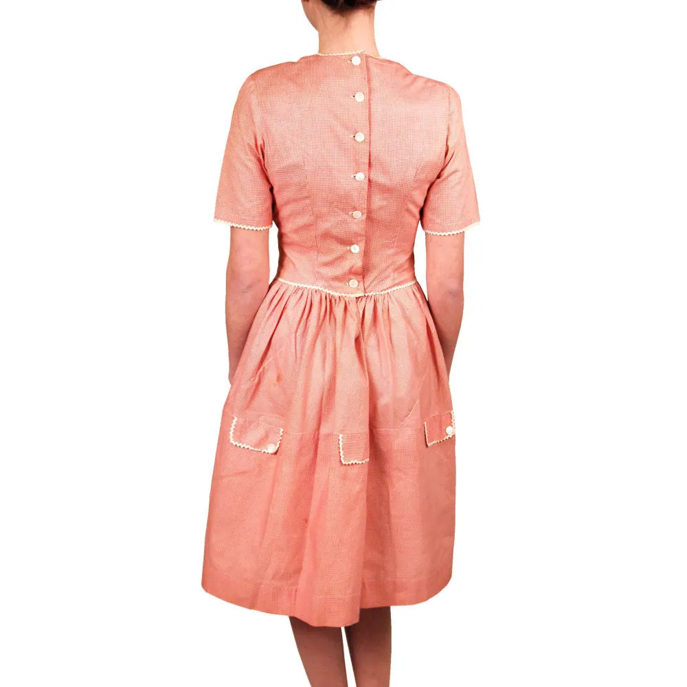 Vintage WW2 Cotton Day Dress 1940S Red Gingham Small Guernsey