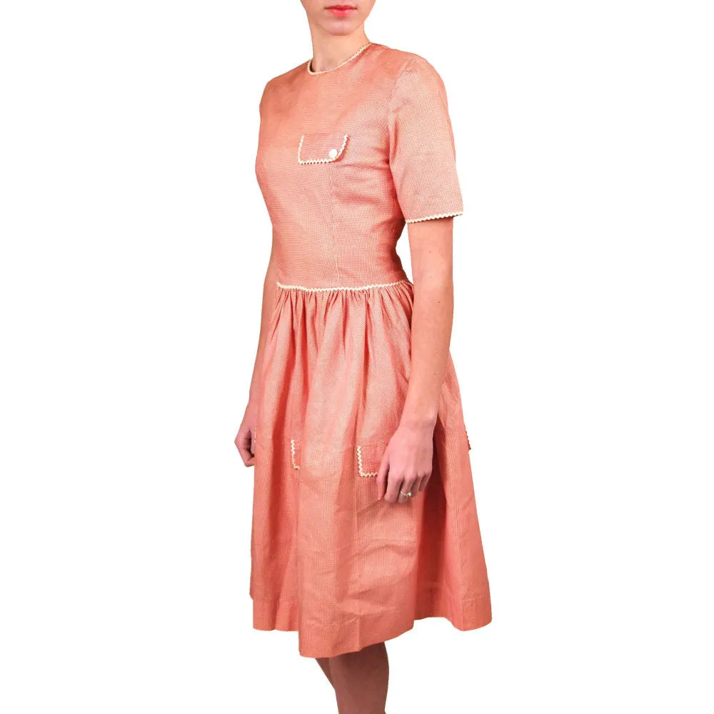 Vintage WW2 Cotton Day Dress 1940S Red Gingham Small Guernsey