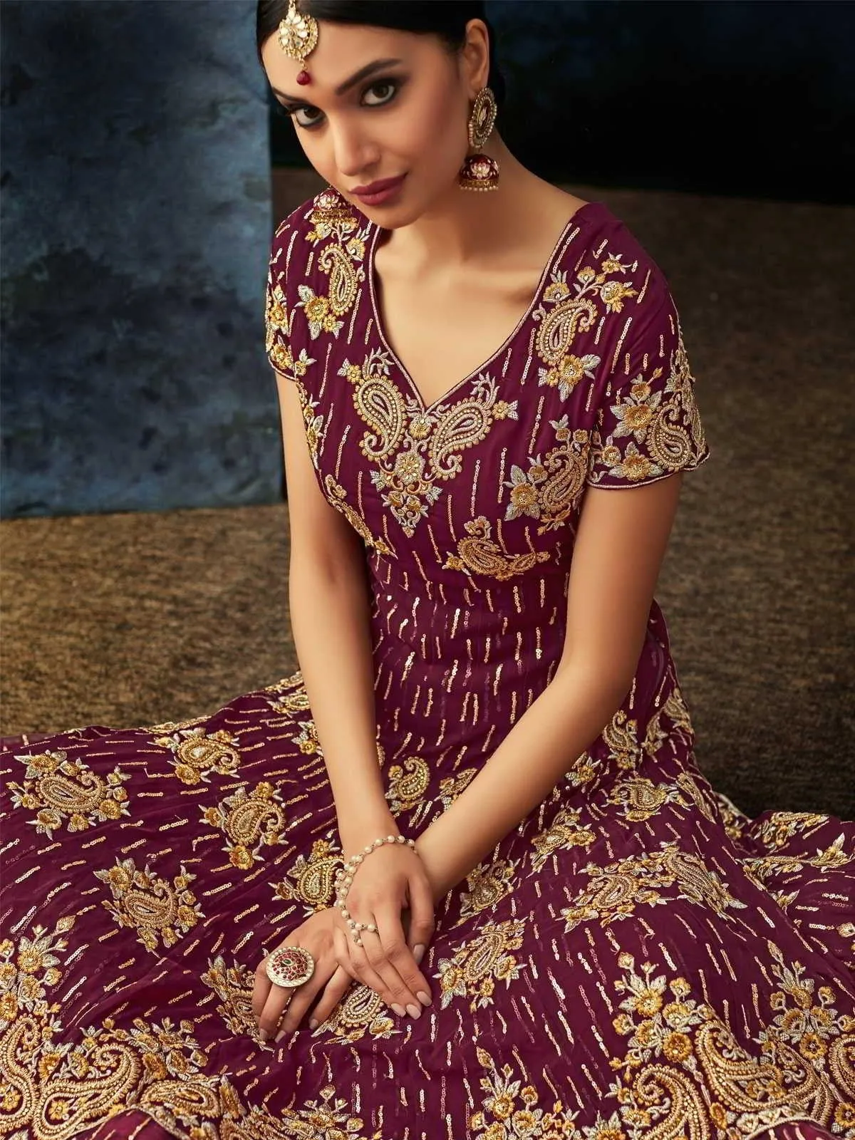 Wine Golden Embroidered Georgette Anarkali Suit