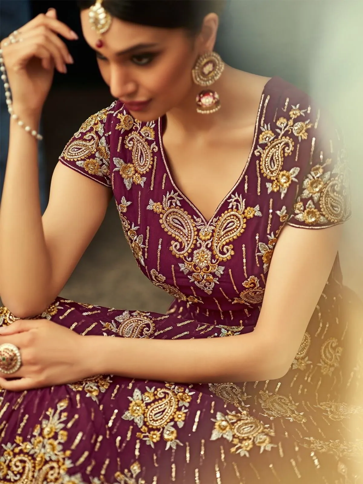 Wine Golden Embroidered Georgette Anarkali Suit