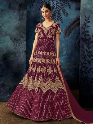 Wine Golden Embroidered Georgette Anarkali Suit