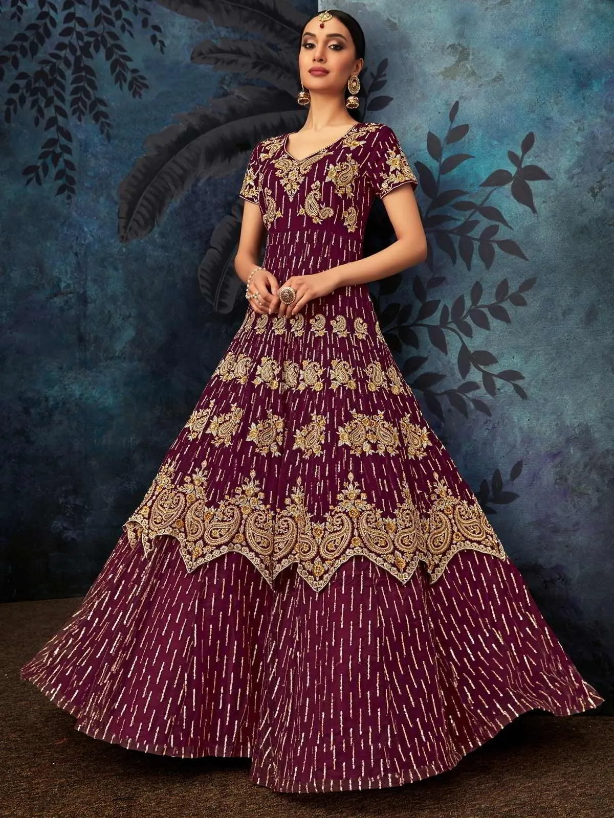 Wine Golden Embroidered Georgette Anarkali Suit
