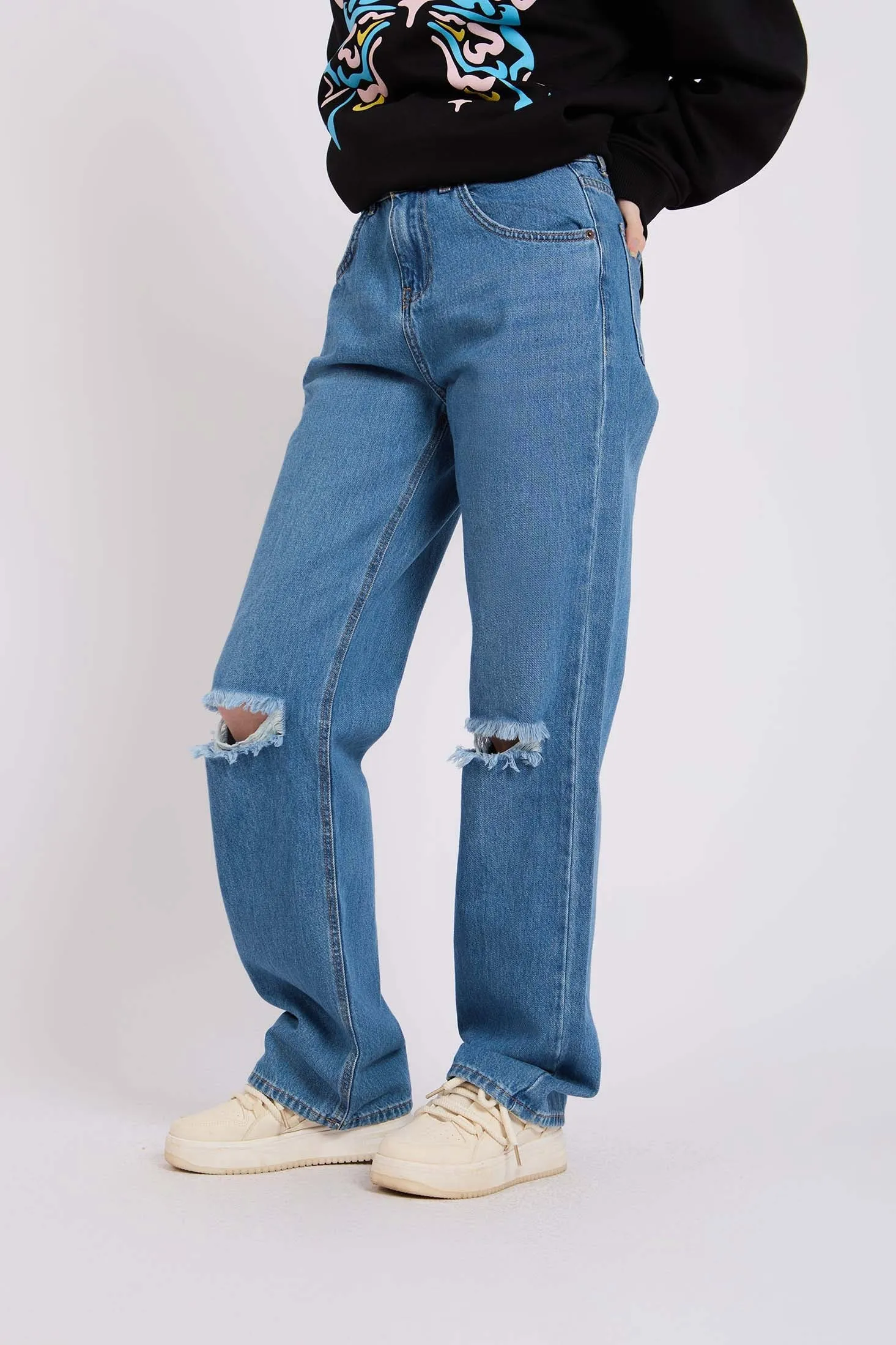 Women Destroyed Knee Wide Leg High Waist Denim Pant Blue