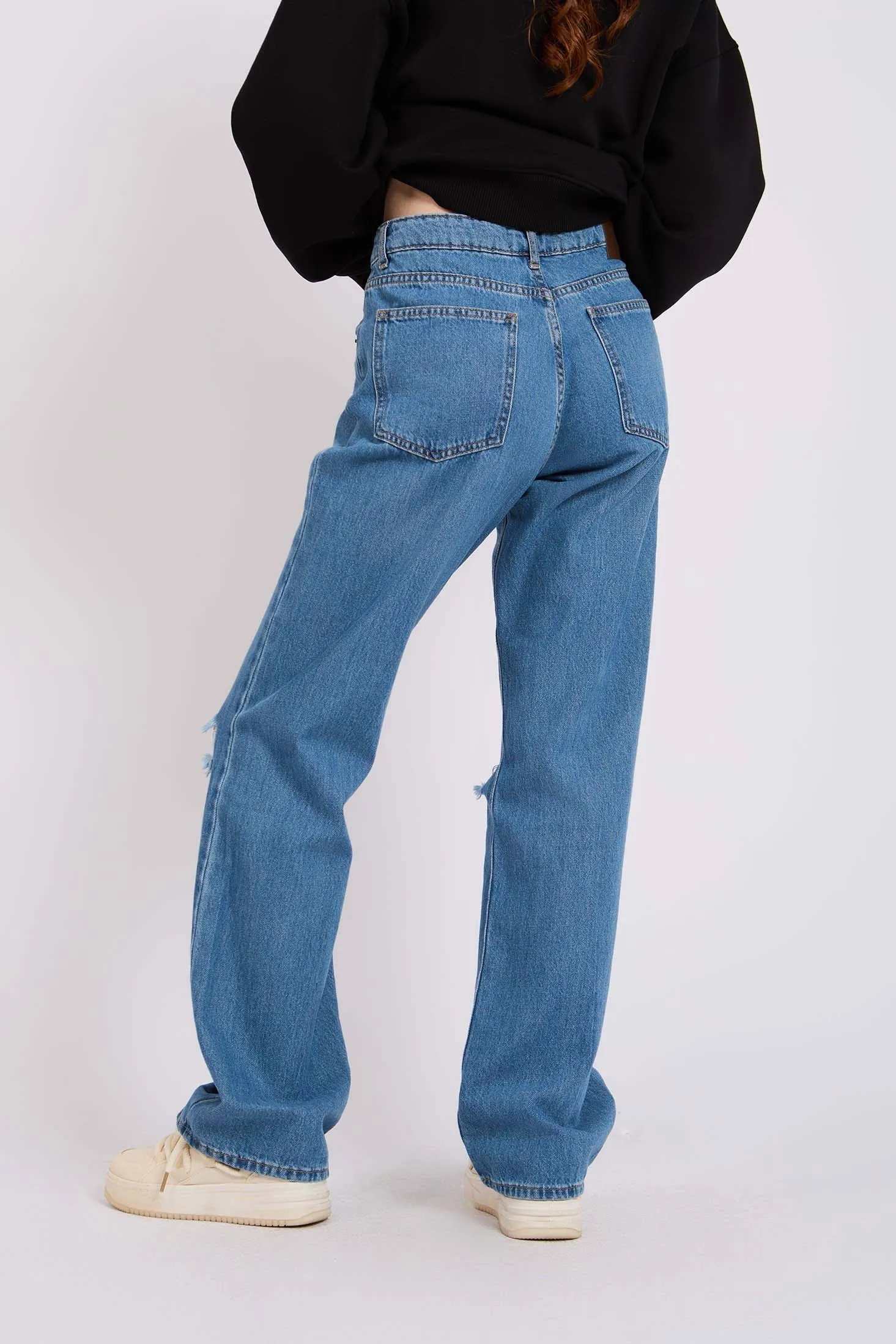 Women Destroyed Knee Wide Leg High Waist Denim Pant Blue