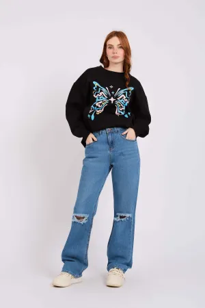 Women Destroyed Knee Wide Leg High Waist Denim Pant Blue