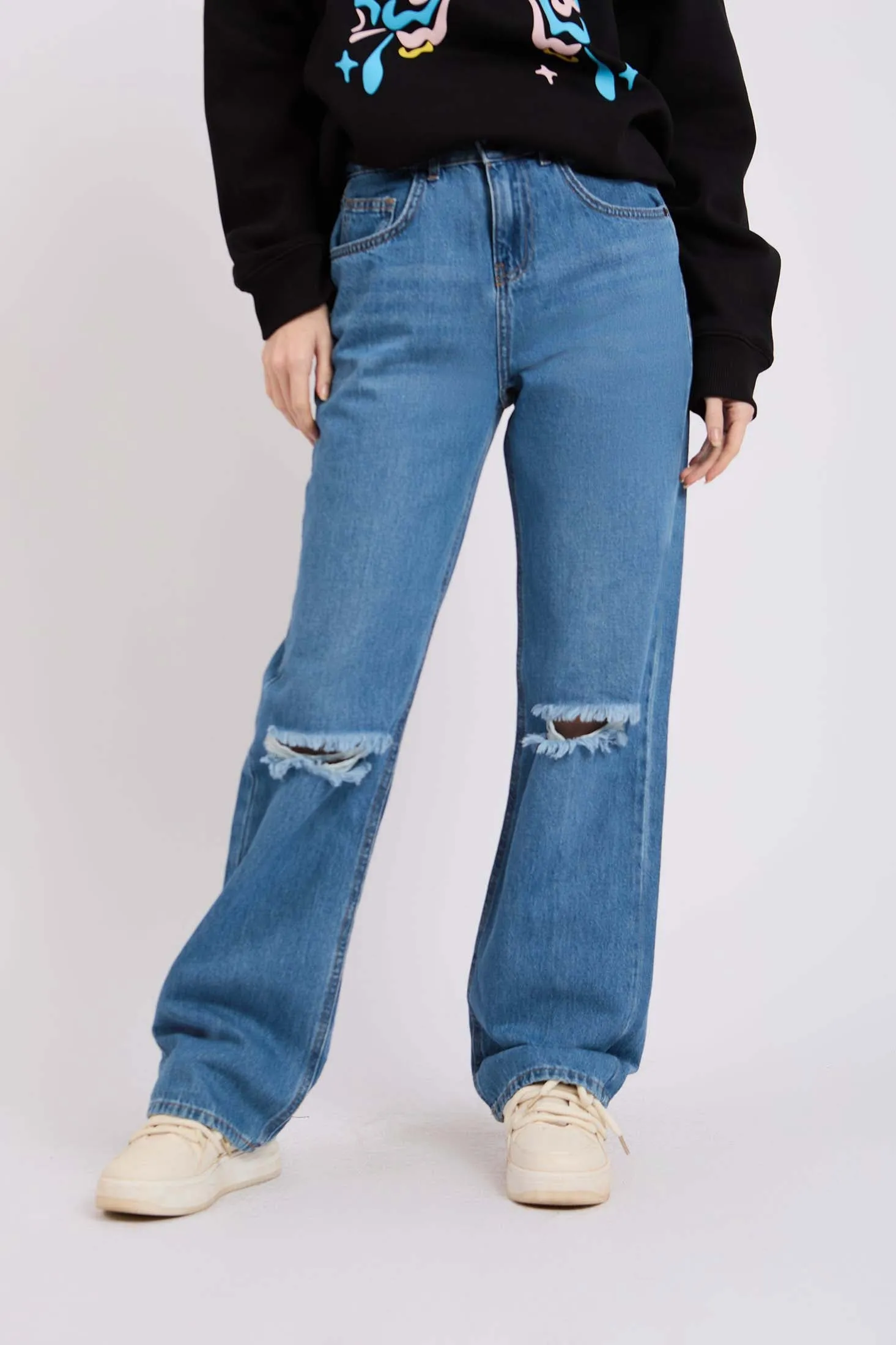 Women Destroyed Knee Wide Leg High Waist Denim Pant Blue