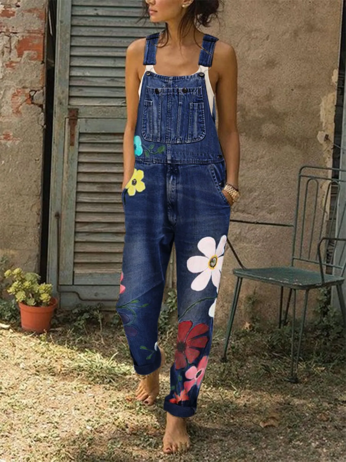 Women's Floral Denim Dungarees Jumpsuit