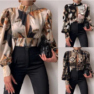 Women's sexy fluffy sleeve, high neck, backless, lace up blouse...