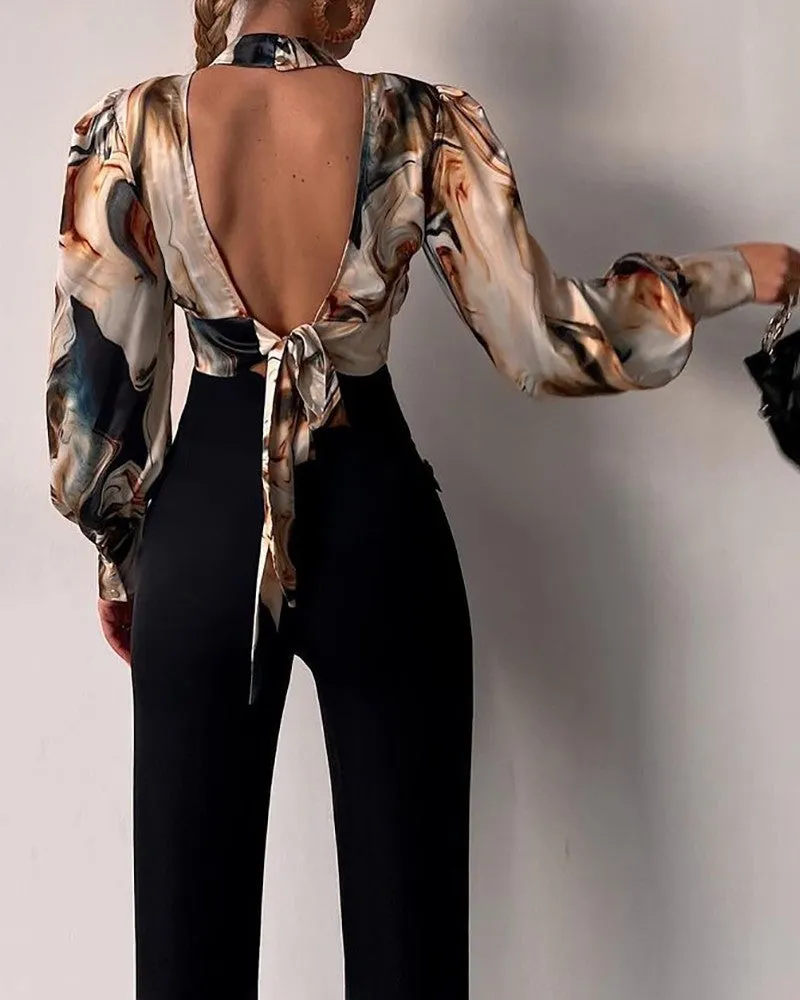 Women's sexy fluffy sleeve, high neck, backless, lace up blouse...