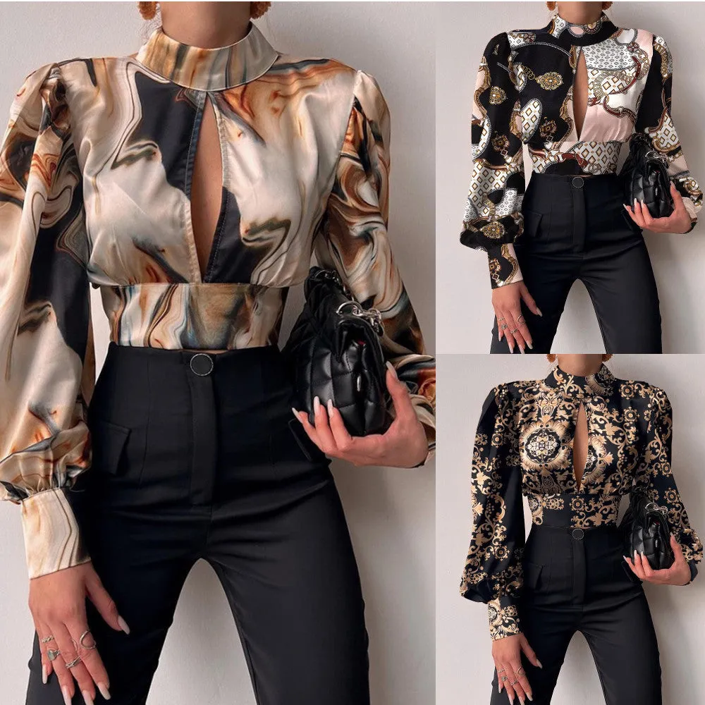 Women's sexy fluffy sleeve, high neck, backless, lace up blouse...